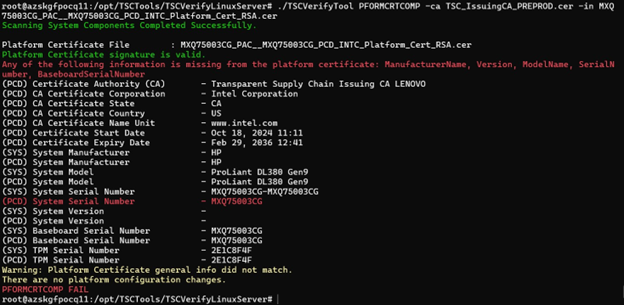 A graphic showing the Platform Certificate Compare command failing.