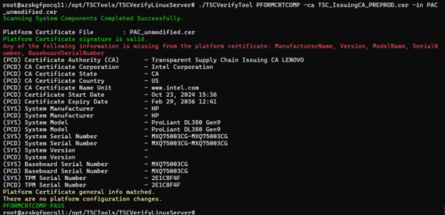 A graphic showing the Platform Certificate Compare command passing.
