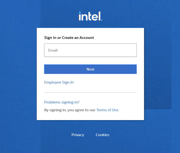 Intel Azure Web Portal login email popup.