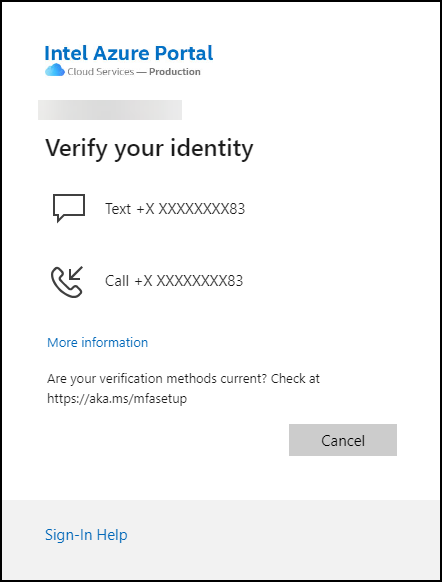 Intel Azure Portal Verify your identity popup.