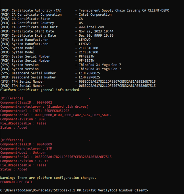 Graphic showing the platform certificate compare process with a failing message.