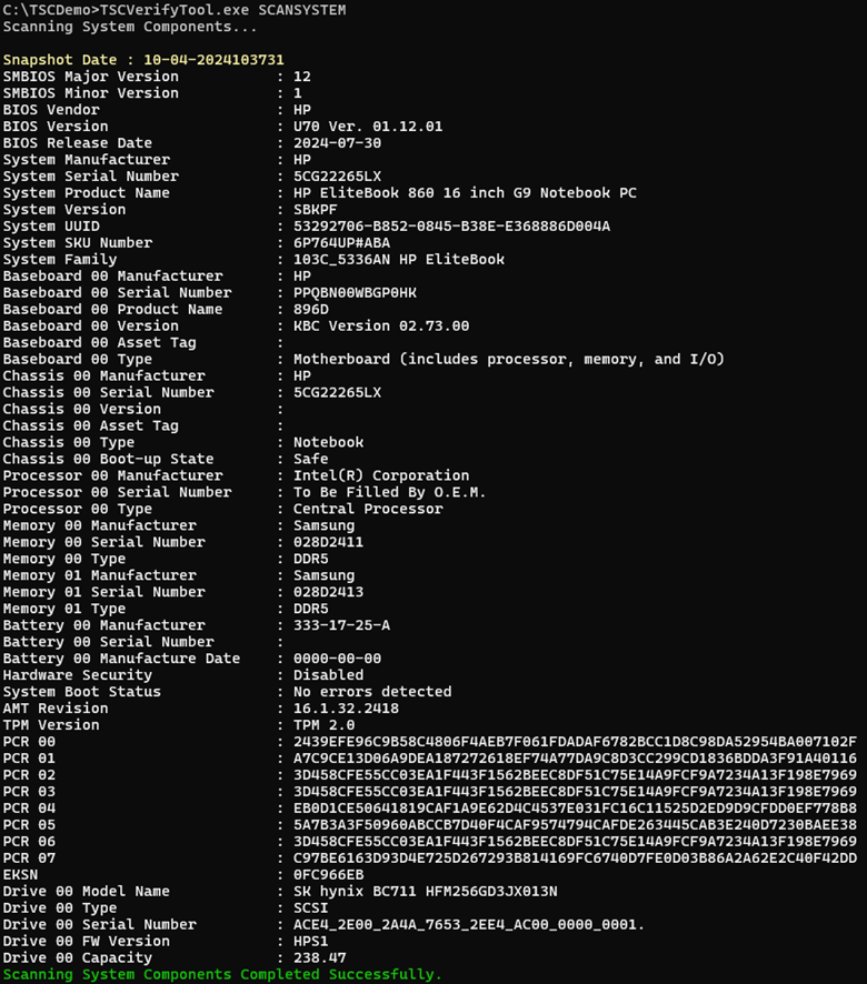 Output from the SCANSYSTEM command.