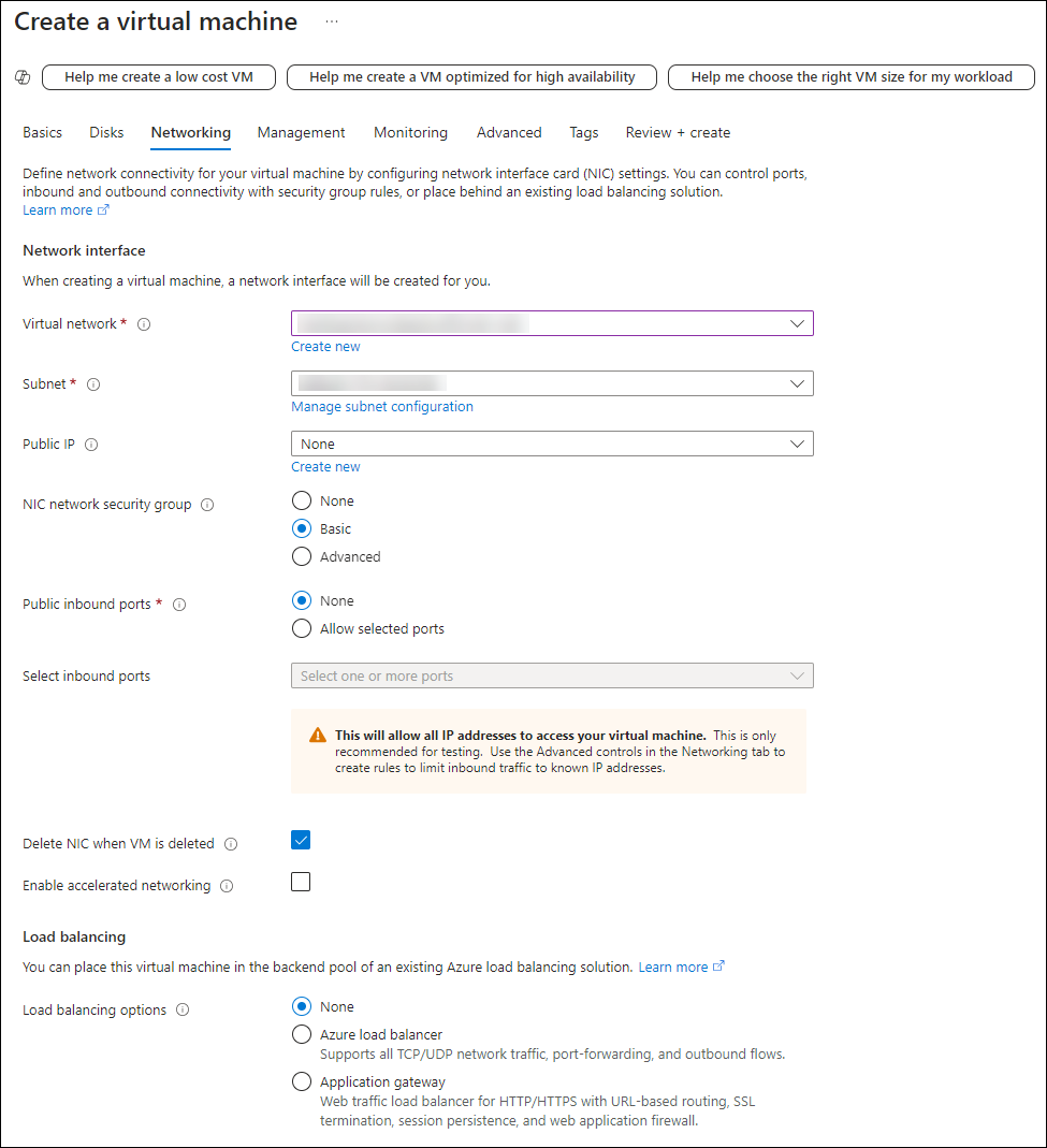 Enter network details for the virtual machine