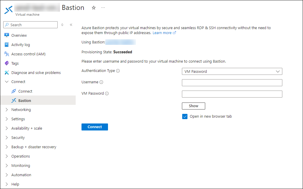 Resource page displaying Bastion connection fields.