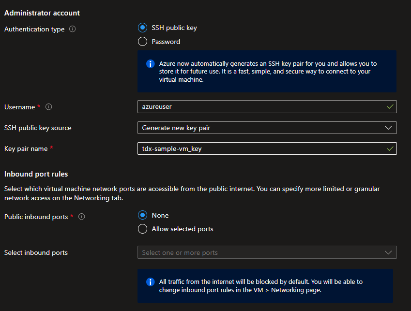 Enter the administrative account security details for the virtual machine.