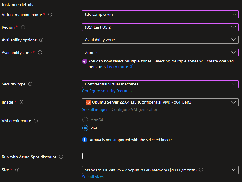 Enter instance details for the virtual machine